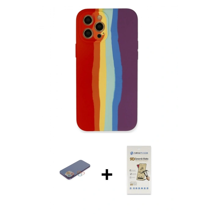 MARSİLYAN™- iPhone 12 Pro Max Kılıf Yadigar Çizgi - Siyah Mat Seramik Nano Ekran Koruyucu + Pembe Renkli Kamera Lens Koruma Cam