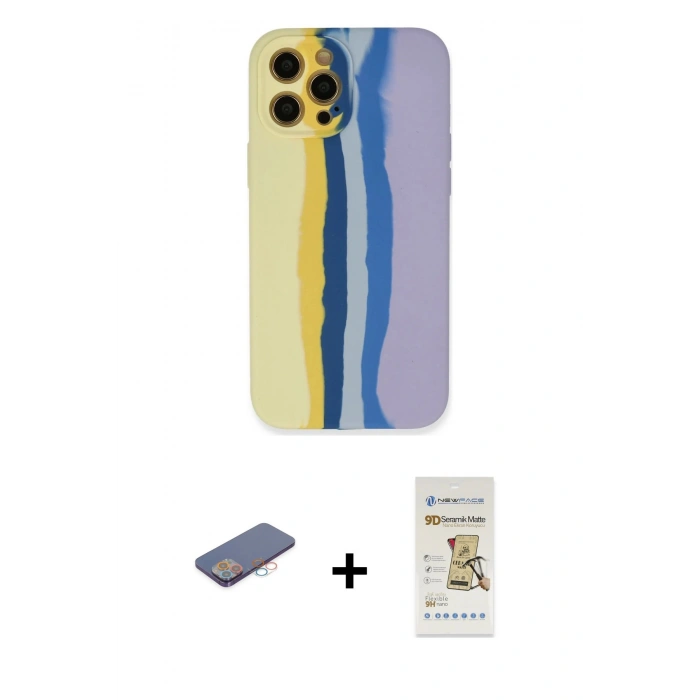 MARSİLYAN™- iPhone 12 Pro Max Kılıf Yadigar Çizgi - Siyah Mat Seramik Nano Ekran Koruyucu + Pembe Renkli Kamera Lens Koruma Cam