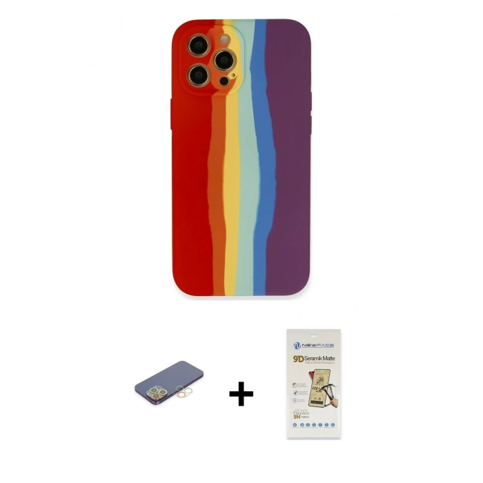 MARSİLYAN™- iPhone 12 Pro Max Kılıf Yadigar Çizgi - Siyah Mat Seramik Nano Ekran Koruyucu + Renkli Kamera Lens Koruma Cam - SI