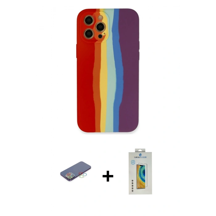 MARSİLYAN™- iPhone 12 Pro Max Kılıf Yadigar Çizgi - Siyah Polymer Nano Ekran Koruyucu + Renkli Kamera Lens Koruma Cam - MI