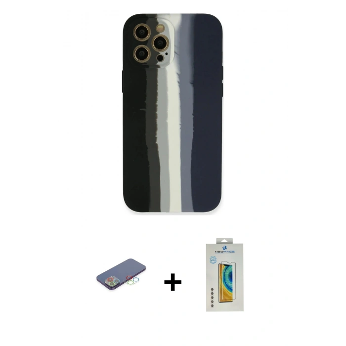 MARSİLYAN™- iPhone 12 Pro Max Kılıf Yadigar Çizgi - Siyah Polymer Nano Ekran Koruyucu + Renkli Kamera Lens Koruma Cam - MI
