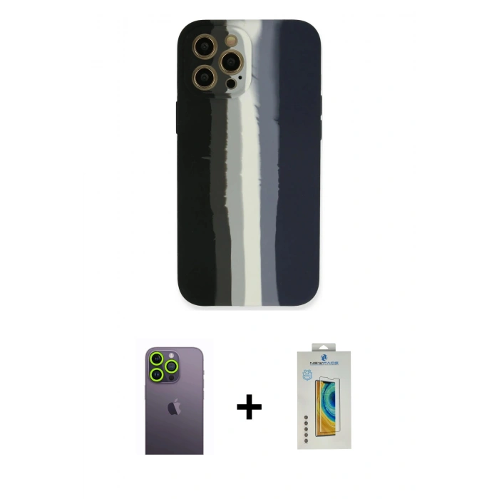 MARSİLYAN™- iPhone 12 Pro Max Kılıf Yadigar Çizgi - Siyah Polymer Nano Ekran Koruyucu + Neon Fosforlu Kamera Lens - YL