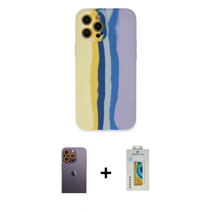 MARSİLYAN™- iPhone 12 Pro Max Kılıf Yadigar Çizgi - Siyah Polymer Nano Ekran Koruyucu + Neon Fosforlu Kamera Lens - SI