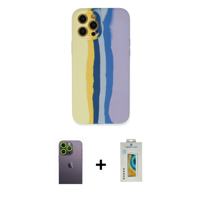 MARSİLYAN™- iPhone 12 Pro Max Kılıf Yadigar Çizgi - Siyah Polymer Nano Ekran Koruyucu + Neon Fosforlu Kamera Lens - YL