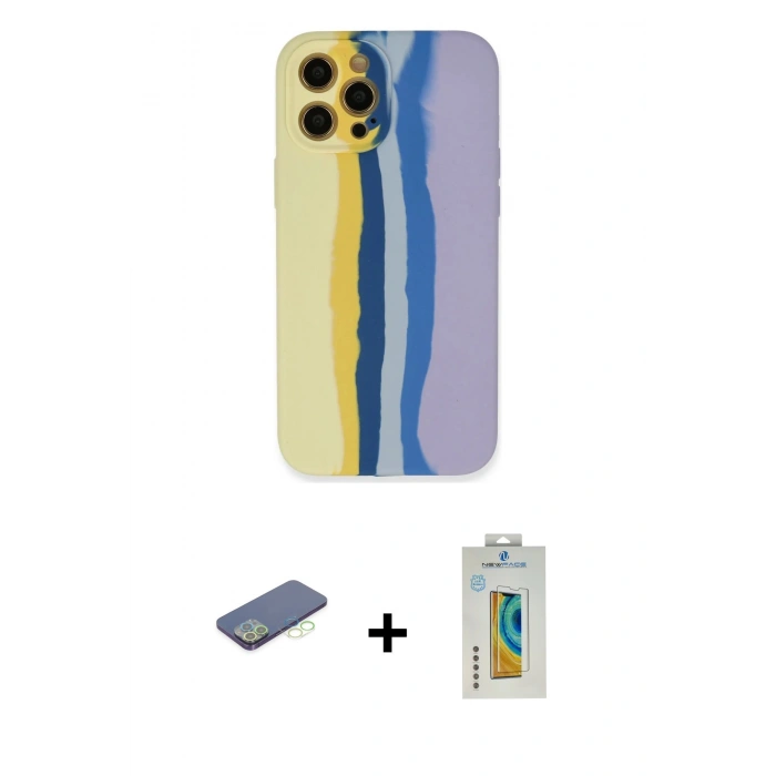 MARSİLYAN™- iPhone 12 Pro Max Kılıf Yadigar Çizgi - Siyah Polymer Nano Ekran Koruyucu + Renkli Kamera Lens Koruma Cam - YL