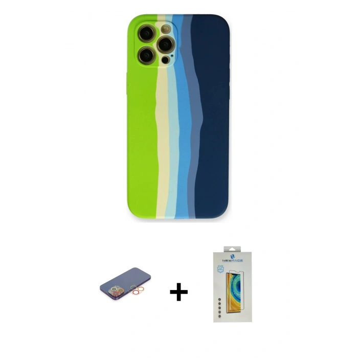 MARSİLYAN™- iPhone 12 Pro Max Kılıf Yadigar Çizgi - Siyah Polymer Nano Ekran Koruyucu + Renkli Kamera Lens Koruma Cam - TU