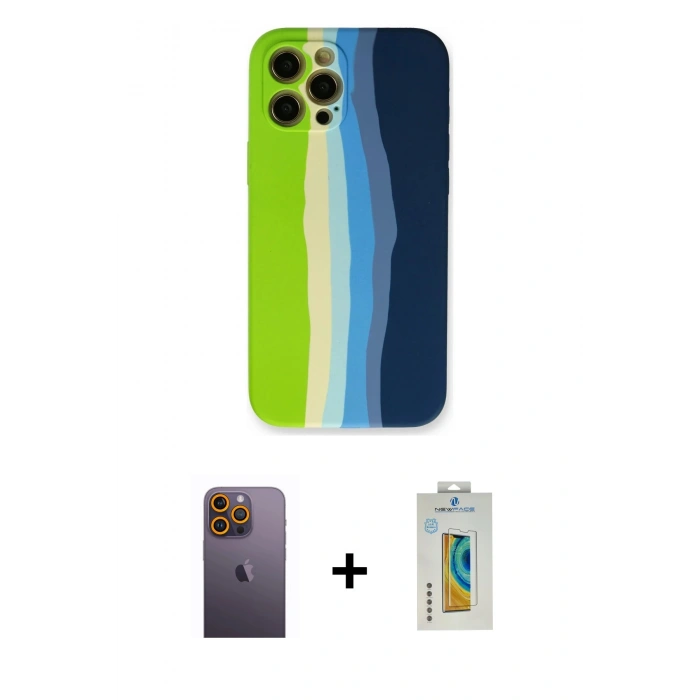MARSİLYAN™- iPhone 12 Pro Max Kılıf Yadigar Çizgi - Siyah Polymer Nano Ekran Koruyucu + Neon Fosforlu Kamera Lens - SI