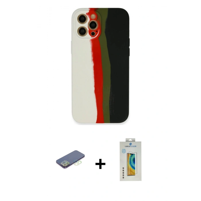 MARSİLYAN™- iPhone 12 Pro Max Kılıf Yadigar Çizgi - Siyah Polymer Nano Ekran Koruyucu + Renkli Kamera Lens Koruma Cam - YL