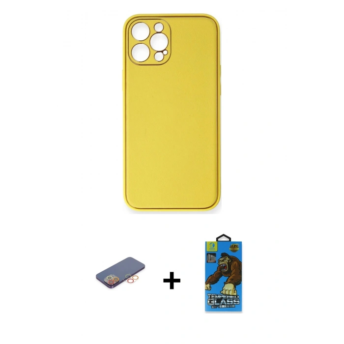 MARSİLYAN™- iPhone 12 Pro Max Kılıf Yadigar Klasik - Siyah 18D Cam Ekran Koruyucu + Turuncu Renkli Kamera Lens Koruma Cam