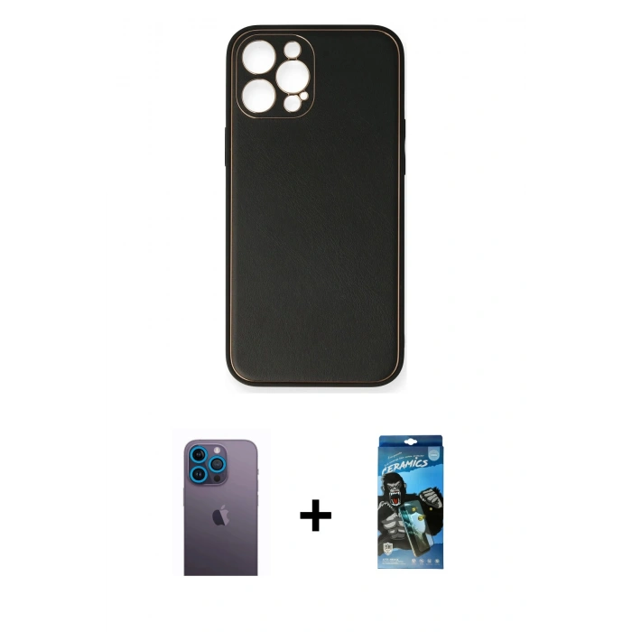 MARSİLYAN™- iPhone 12 Pro Max Kılıf Yadigar Klasik - Siyah 34D Izgaralı Cam + Neon Fosforlu Kamera Lens - MI