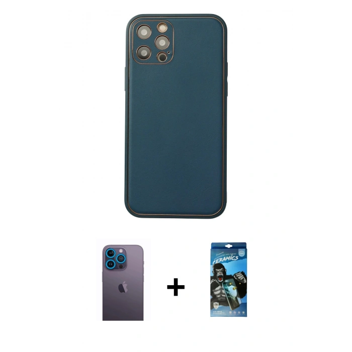 MARSİLYAN™- iPhone 12 Pro Max Kılıf Yadigar Klasik - Siyah 34D Izgaralı Cam + Neon Fosforlu Kamera Lens - MI