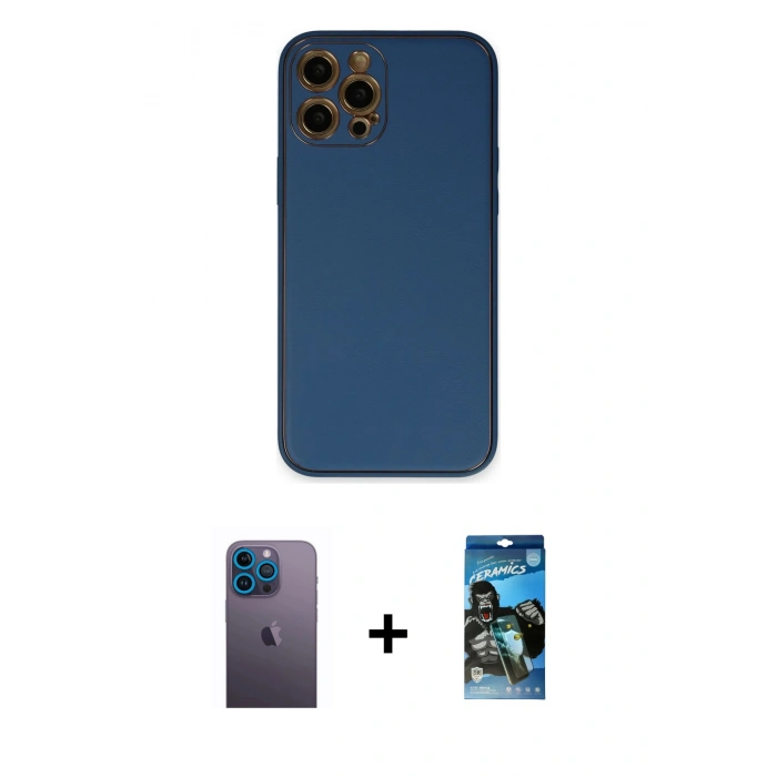 MARSİLYAN™- iPhone 12 Pro Max Kılıf Yadigar Klasik - Siyah 34D Izgaralı Cam + Neon Fosforlu Kamera Lens - MI