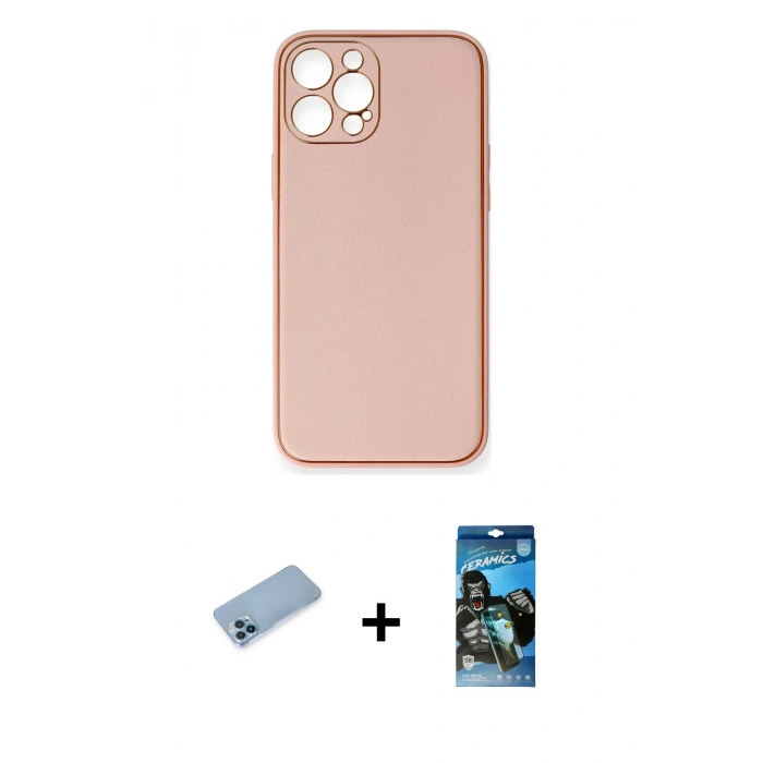 MARSİLYAN™- iPhone 12 Pro Max Kılıf Yadigar Klasik - Siyah 34D Izgaralı Cam + Mavi Shine Kamera Lens Koruma Cam