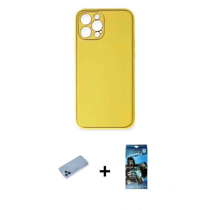 MARSİLYAN™- iPhone 12 Pro Max Kılıf Yadigar Klasik - Siyah 34D Izgaralı Cam + Mavi Shine Kamera Lens Koruma Cam