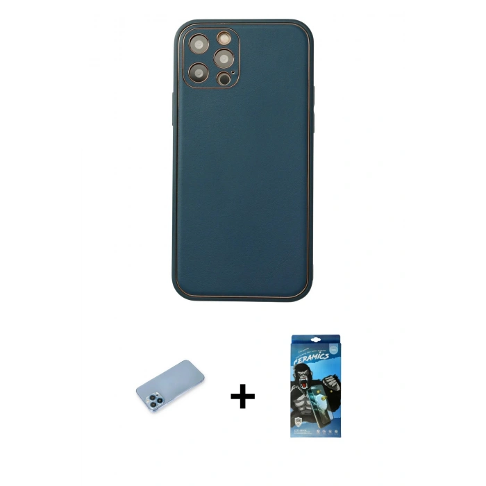 MARSİLYAN™- iPhone 12 Pro Max Kılıf Yadigar Klasik - Siyah 34D Izgaralı Cam + Mavi Shine Kamera Lens Koruma Cam