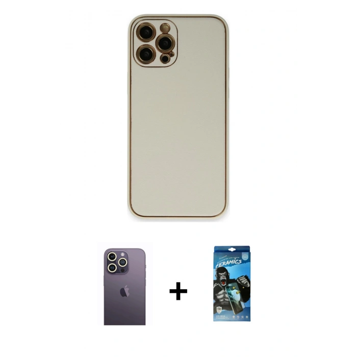 MARSİLYAN™- iPhone 12 Pro Max Kılıf Yadigar Klasik - Siyah 34D Izgaralı Cam + Neon Fosforlu Kamera Lens - BZ