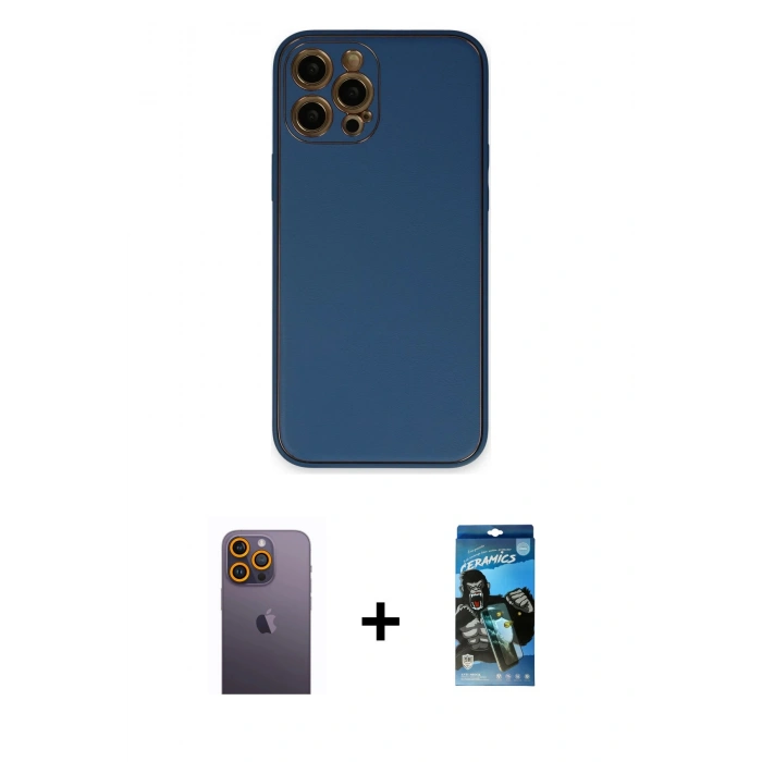MARSİLYAN™- iPhone 12 Pro Max Kılıf Yadigar Klasik - Siyah 34D Izgaralı Cam + Neon Fosforlu Kamera Lens - SI