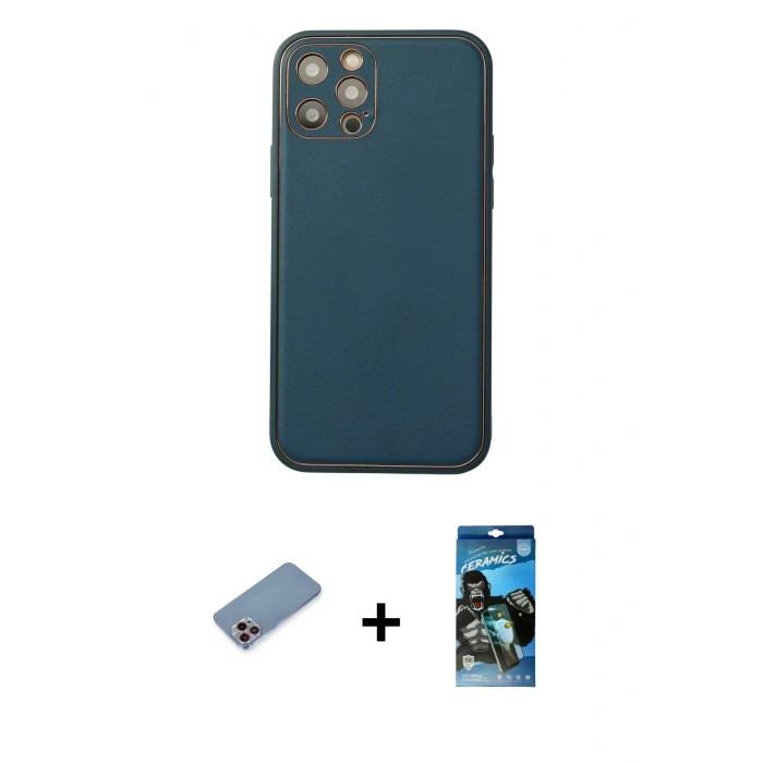 MARSİLYAN™- iPhone 12 Pro Max Kılıf Yadigar Klasik - Siyah 34D Izgaralı Cam + Pembe Shine Kamera Lens Koruma Cam