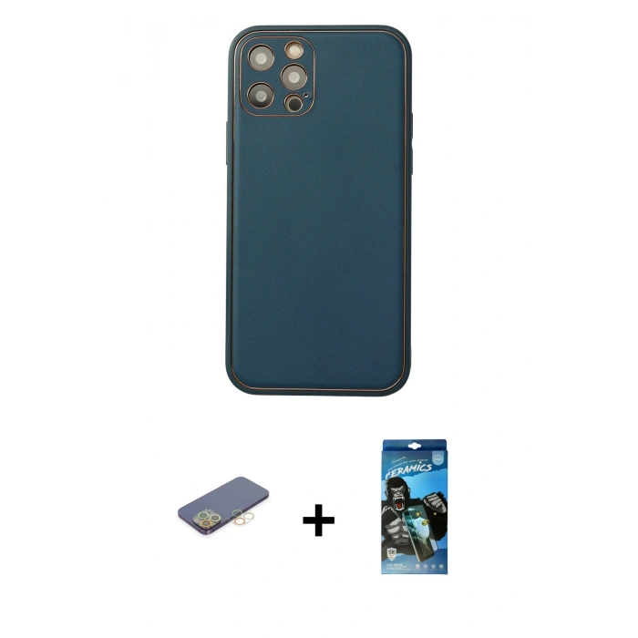 MARSİLYAN™- iPhone 12 Pro Max Kılıf Yadigar Klasik - Siyah 34D Izgaralı Cam + Sarı Renkli Kamera Lens Koruma Cam