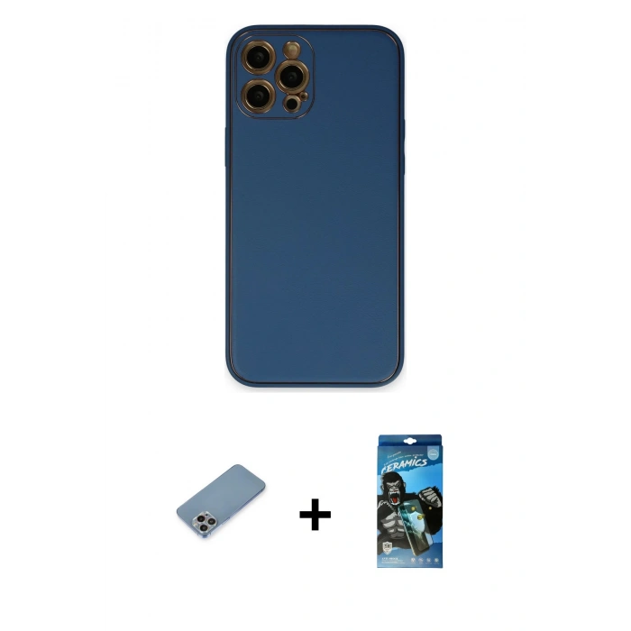 MARSİLYAN™- iPhone 12 Pro Max Kılıf Yadigar Klasik - Siyah 34D Izgaralı Cam + Shine Kamera Lens Koruma Cam - GI