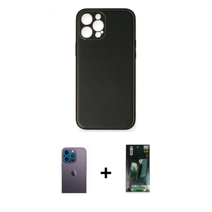 MARSİLYAN™- iPhone 12 Pro Max Kılıf Yadigar Klasik - Siyah 360 Mat Full Body Arka Koruyucu + Neon Fosforlu Kamera Lens - MI