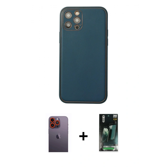 MARSİLYAN™- iPhone 12 Pro Max Kılıf Yadigar Klasik - Siyah 360 Mat Full Body Arka Koruyucu + Neon Fosforlu Kamera Lens - TU