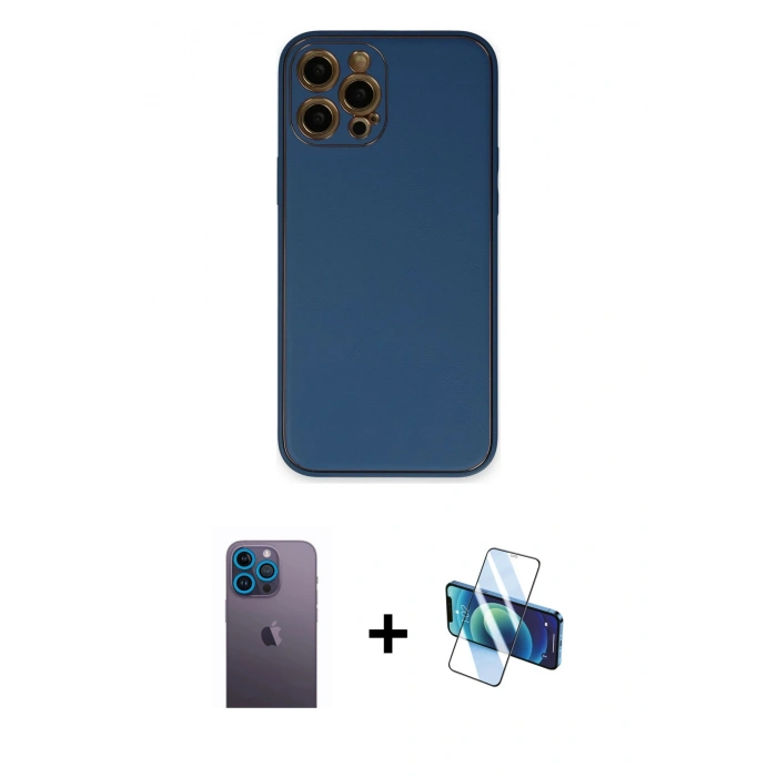 MARSİLYAN™- iPhone 12 Pro Max Kılıf Yadigar Klasik - Siyah 3D Antistatik Cam Ekran Koruyucu + Neon Fosforlu Kamera Lens - MI