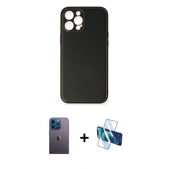 MARSİLYAN™- iPhone 12 Pro Max Kılıf Yadigar Klasik - Siyah 3D Antistatik Cam Ekran Koruyucu + Neon Fosforlu Kamera Lens - MI