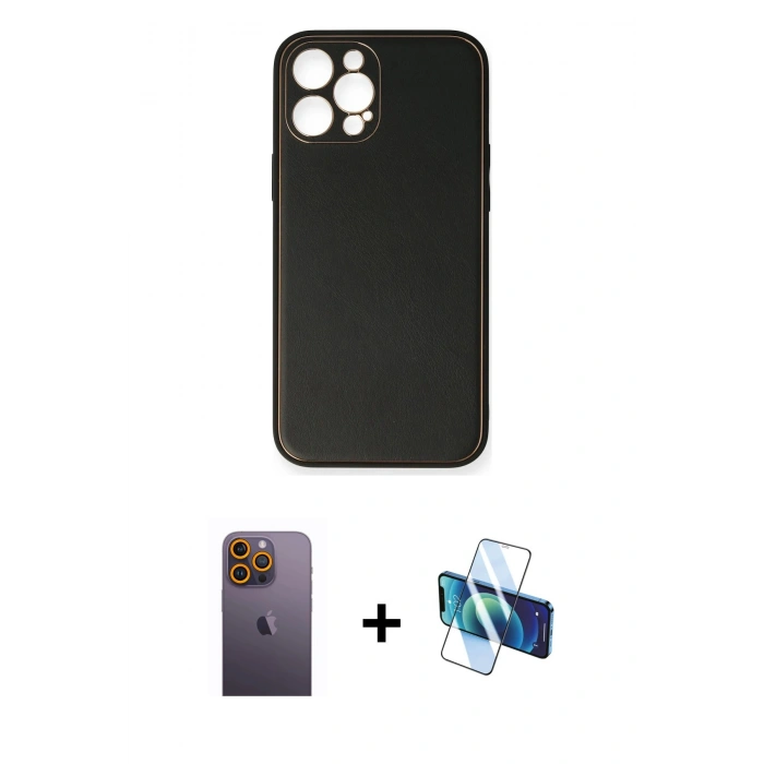 MARSİLYAN™- iPhone 12 Pro Max Kılıf Yadigar Klasik - Siyah 3D Antistatik Cam Ekran Koruyucu + Neon Fosforlu Kamera Lens - SI