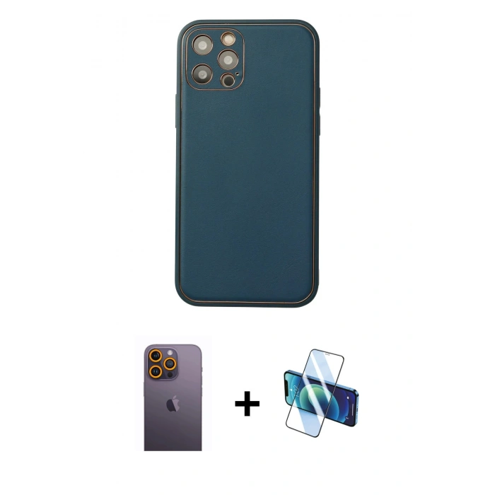 MARSİLYAN™- iPhone 12 Pro Max Kılıf Yadigar Klasik - Siyah 3D Antistatik Cam Ekran Koruyucu + Neon Fosforlu Kamera Lens - SI