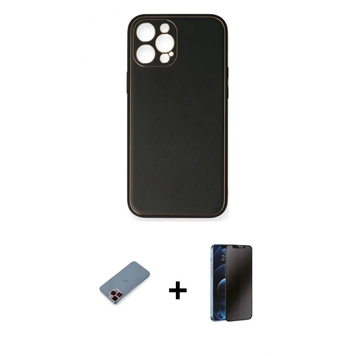 MARSİLYAN™- iPhone 12 Pro Max Kılıf Yadigar Klasik - Siyah 3D Antistatik Hayalet Cam Ekran Koruyucu + Kırmızı Metal Kamera Lens Koruma Cam