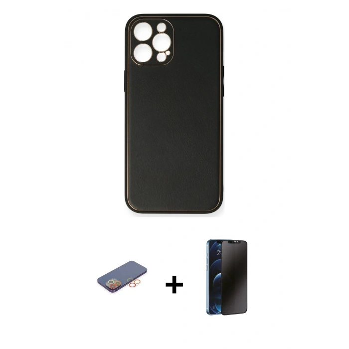 MARSİLYAN™- iPhone 12 Pro Max Kılıf Yadigar Klasik - Siyah 3D Antistatik Hayalet Cam Ekran Koruyucu + Renkli Kamera Lens Koruma Cam - TU