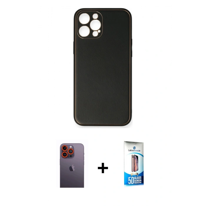 MARSİLYAN™- iPhone 12 Pro Max Kılıf Yadigar Klasik - Siyah 5D Eko Cam Ekran Koruyucu + Neon Fosforlu Kamera Lens - TU