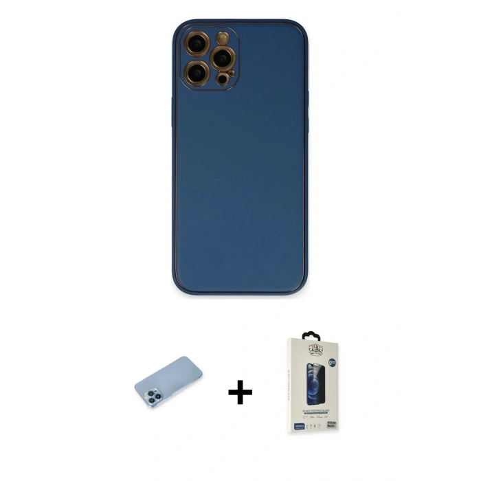 MARSİLYAN™- iPhone 12 Pro Max Kılıf Yadigar Klasik - Siyah Bilvis Hayalet Cam Ekran Koruyucu + Mavi Shine Kamera Lens Koruma Cam