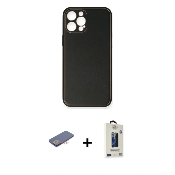 MARSİLYAN™- iPhone 12 Pro Max Kılıf Yadigar Klasik - Siyah Bilvis Hayalet Cam Ekran Koruyucu + Pembe Renkli Kamera Lens Koruma Cam