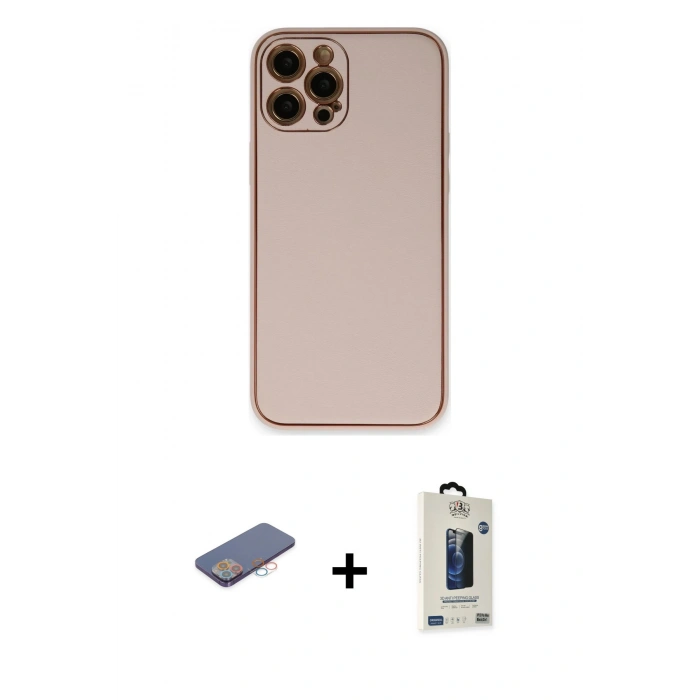 MARSİLYAN™- iPhone 12 Pro Max Kılıf Yadigar Klasik - Siyah Bilvis Hayalet Cam Ekran Koruyucu + Pembe Renkli Kamera Lens Koruma Cam