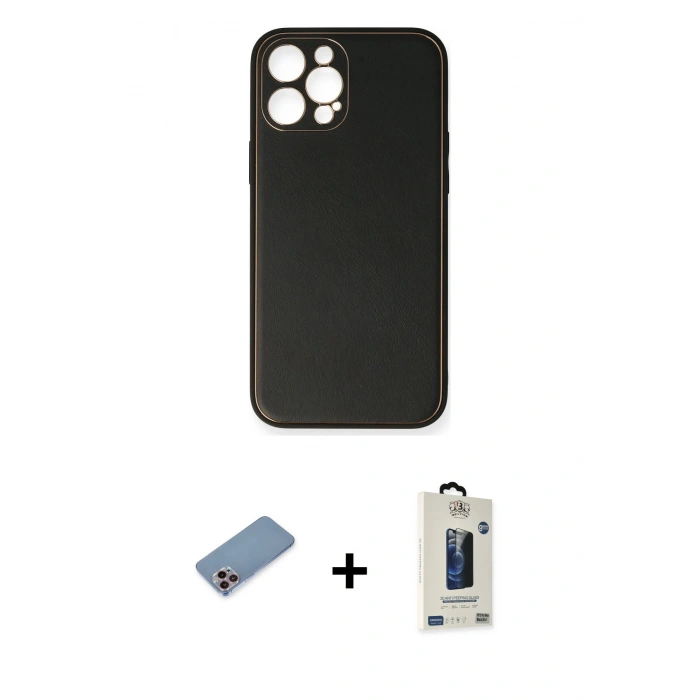 MARSİLYAN™- iPhone 12 Pro Max Kılıf Yadigar Klasik - Siyah Bilvis Hayalet Cam Ekran Koruyucu + Shine Kamera Lens Koruma Cam - PE