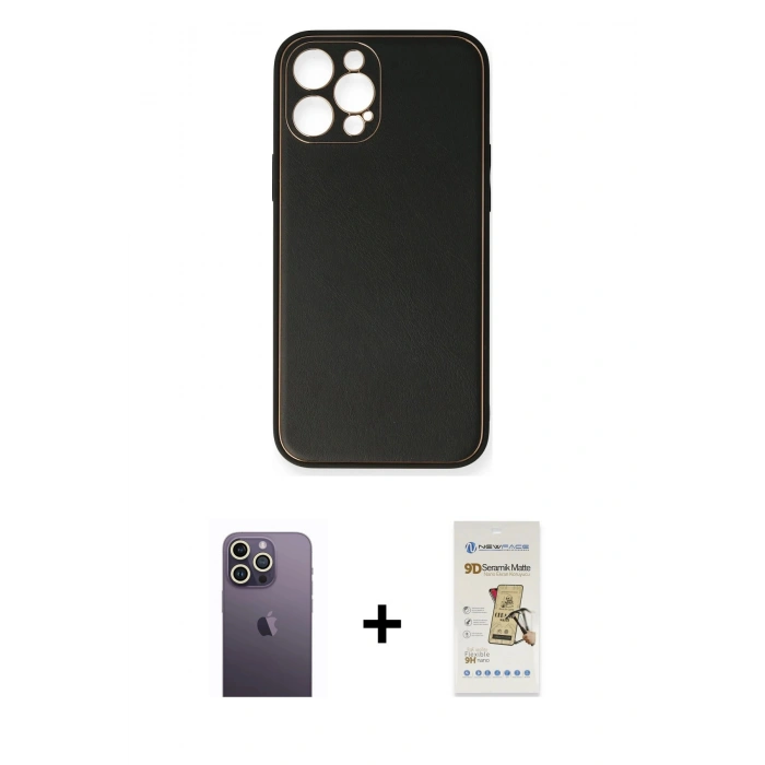 MARSİLYAN™- iPhone 12 Pro Max Kılıf Yadigar Klasik - Siyah Mat Seramik Nano Ekran Koruyucu + Neon Fosforlu Kamera Lens - BZ