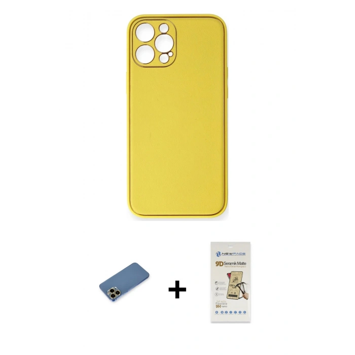 MARSİLYAN™- iPhone 12 Pro Max Kılıf Yadigar Klasik - Siyah Mat Seramik Nano Ekran Koruyucu + Gold Shine Kamera Lens Koruma Cam