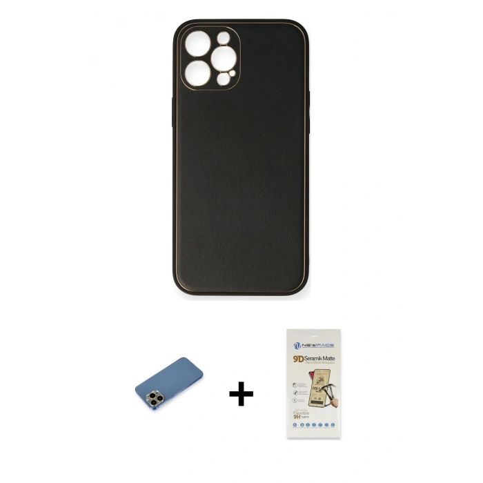 MARSİLYAN™- iPhone 12 Pro Max Kılıf Yadigar Klasik - Siyah Mat Seramik Nano Ekran Koruyucu + Gold Shine Kamera Lens Koruma Cam