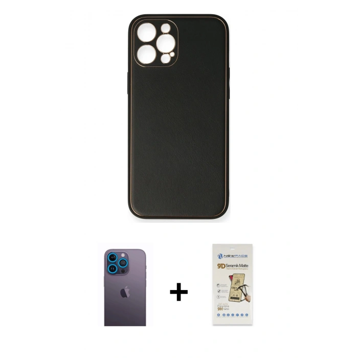 MARSİLYAN™- iPhone 12 Pro Max Kılıf Yadigar Klasik - Siyah Mat Seramik Nano Ekran Koruyucu + Neon Fosforlu Kamera Lens - MI