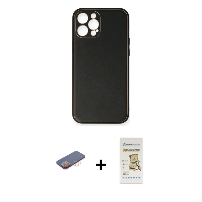 MARSİLYAN™- iPhone 12 Pro Max Kılıf Yadigar Klasik - Siyah Mat Seramik Nano Ekran Koruyucu + Renkli Kamera Lens Koruma Cam - TU
