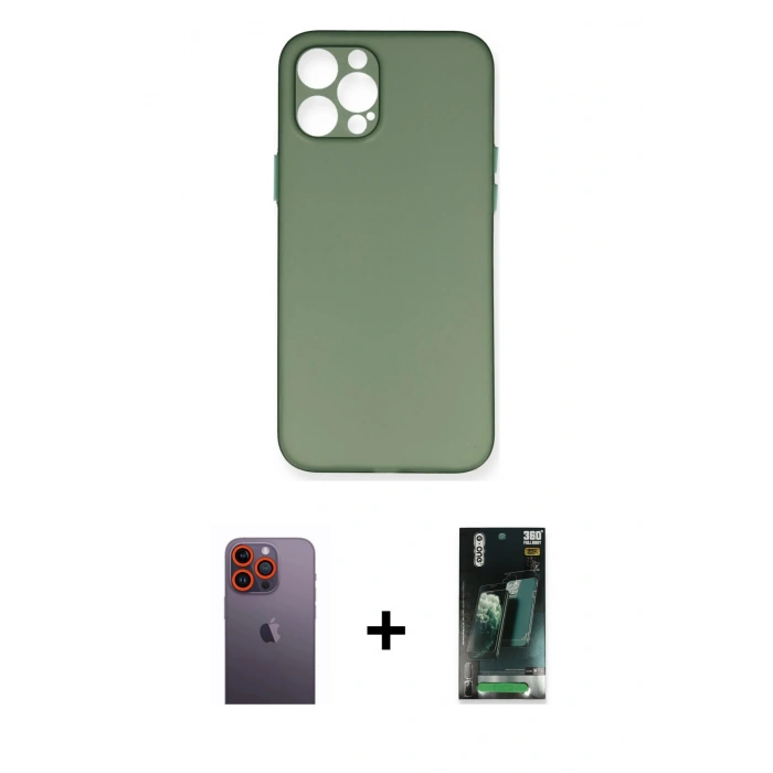 MARSİLYAN™- iPhone 12 Pro Max Kılıf Yadigar Yansıma Serisi - Şeffaf 360 Full Body Arka Koruyucu + Turuncu Neon Fosforlu Kamera Lens