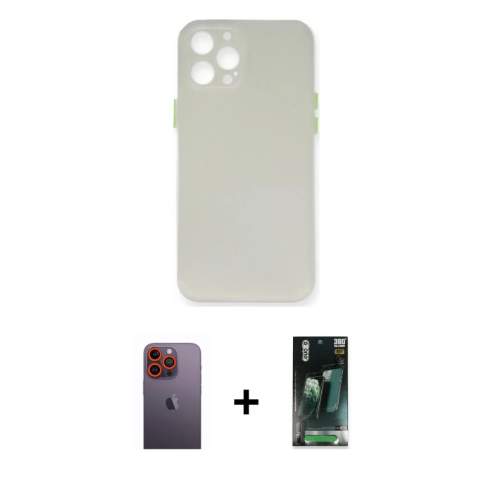 MARSİLYAN™- iPhone 12 Pro Max Kılıf Yadigar Yansıma Serisi - Şeffaf 360 Full Body Arka Koruyucu + Turuncu Neon Fosforlu Kamera Lens