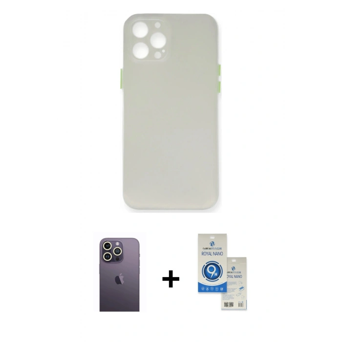MARSİLYAN™- iPhone 12 Pro Max Kılıf Yadigar Yansıma Serisi - Şeffaf Royal Nano Ekran Koruyucu + Neon Fosforlu Kamera Lens - BZ