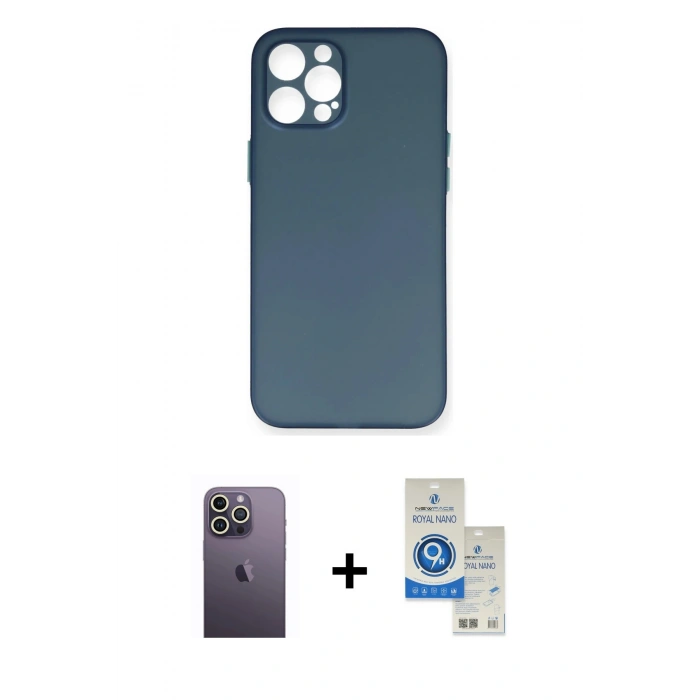 MARSİLYAN™- iPhone 12 Pro Max Kılıf Yadigar Yansıma Serisi - Şeffaf Royal Nano Ekran Koruyucu + Neon Fosforlu Kamera Lens - BZ