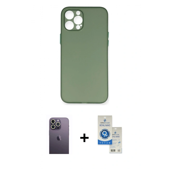 MARSİLYAN™- iPhone 12 Pro Max Kılıf Yadigar Yansıma Serisi - Şeffaf Royal Nano Ekran Koruyucu + Neon Fosforlu Kamera Lens - BZ