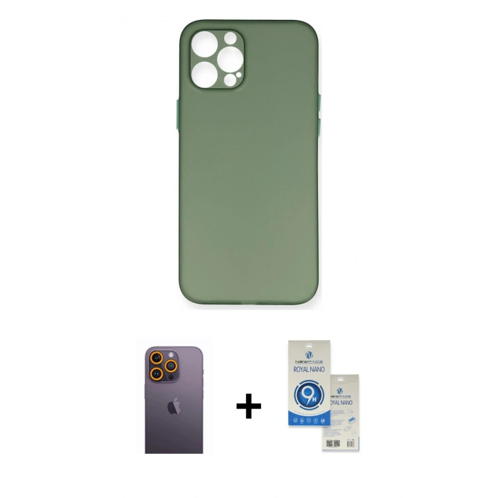 MARSİLYAN™- iPhone 12 Pro Max Kılıf Yadigar Yansıma Serisi - Şeffaf Royal Nano Ekran Koruyucu + Neon Fosforlu Kamera Lens - SI