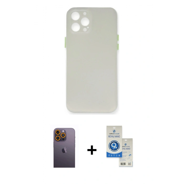 MARSİLYAN™- iPhone 12 Pro Max Kılıf Yadigar Yansıma Serisi - Şeffaf Royal Nano Ekran Koruyucu + Neon Fosforlu Kamera Lens - SI