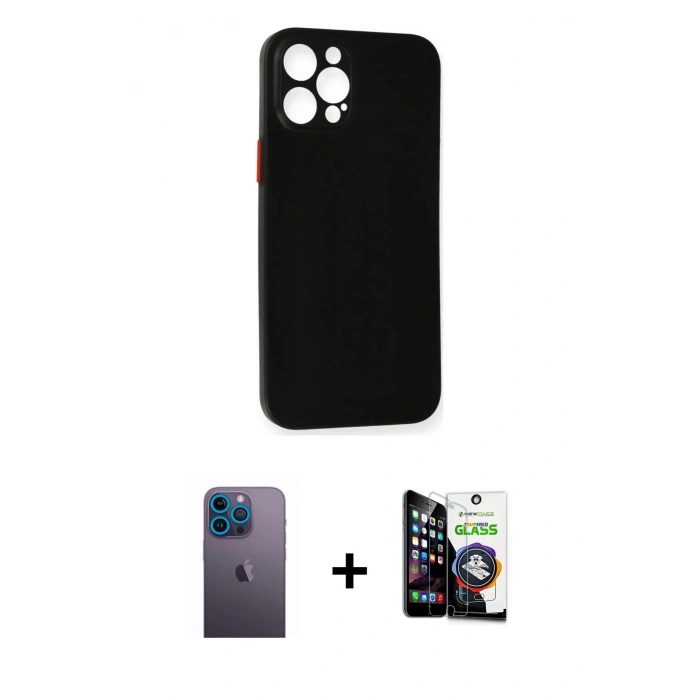 MARSİLYAN™- iPhone 12 Pro Max Kılıf Yadigar Yansıma Serisi - Şeffaf Temperli Cam Ekran Koruyucu + Mavi Neon Fosforlu Kamera Lens